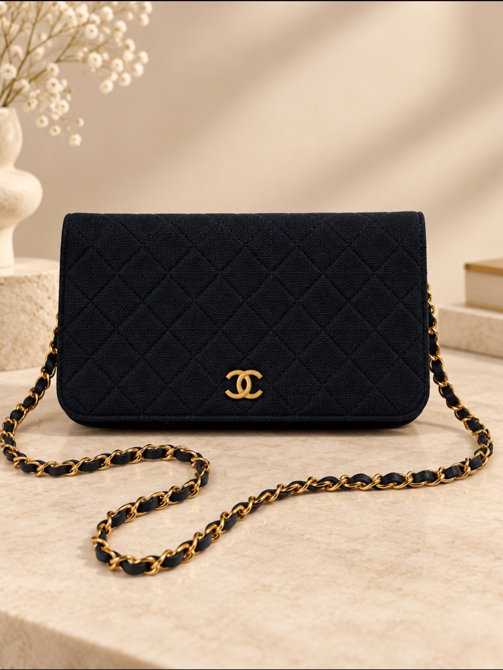 24k Gold Plated CHANEL Black Quilted Jersey Bag